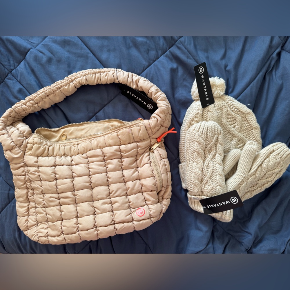 Wantable Beige Quilted Bag and Knit Beanie Set